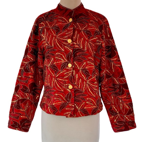 Draper’s & Damon’s Petites Red & Gold Embroidered Beaded Jacket Medium or Large - Picture 2 of 8